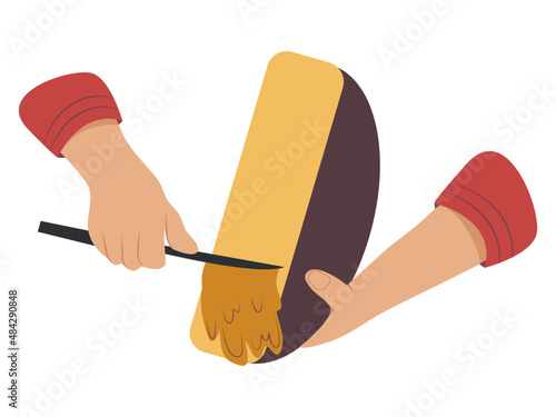 Cook pouring melted cheese. Melted cheese oozing off. Hands of a person melting the cheese with a knife. Food preparing. Vector.