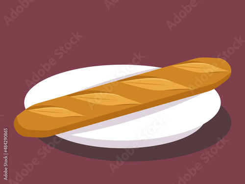 French baguette illustration isolated. Loaf of breat, flat design, on a plate. Vector.