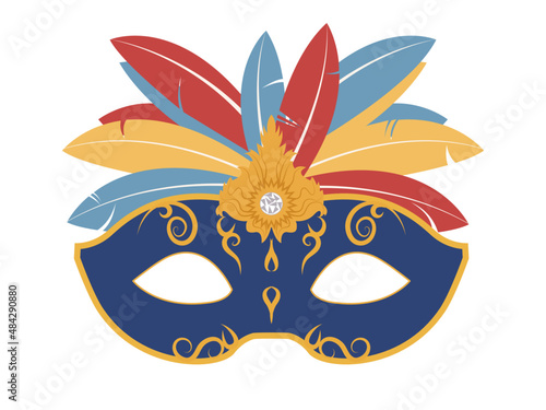 Carnival mask with feathers.  Masquerade colorful venetian mask. Flat design isolated on a white background. Vector.