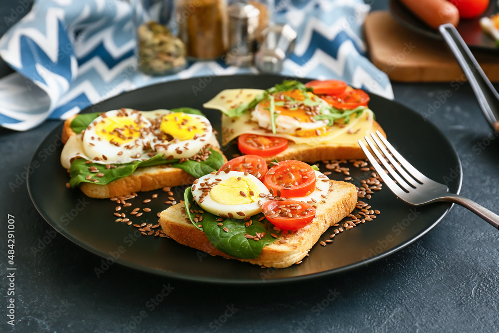 Plate with tasty toasts on dark background Plate with tasty toasts on dark background