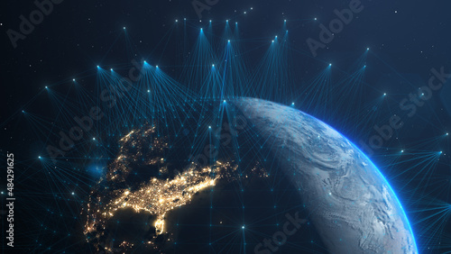 Nanosatellite or nanosat communication global connected tecnology network - Conceptual 3D Illustration Render photo