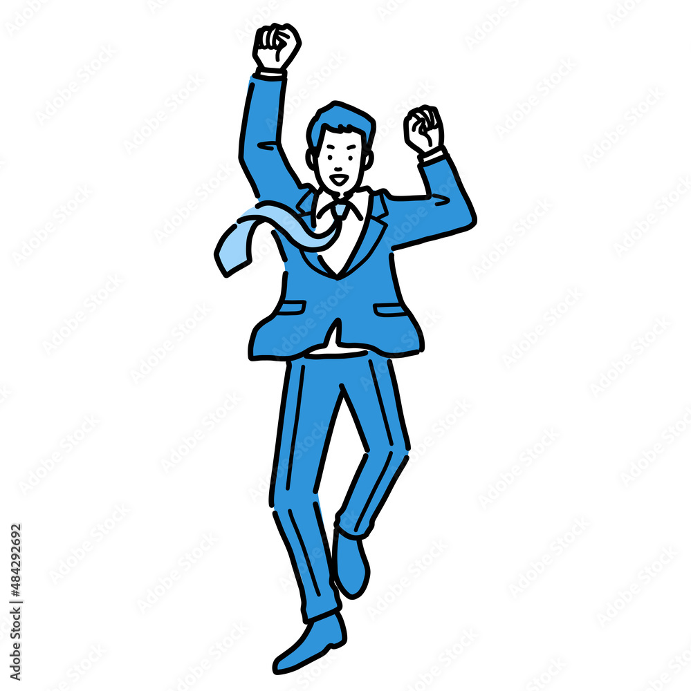 ガッツポーズしているスーツを着た全身の若い男性
