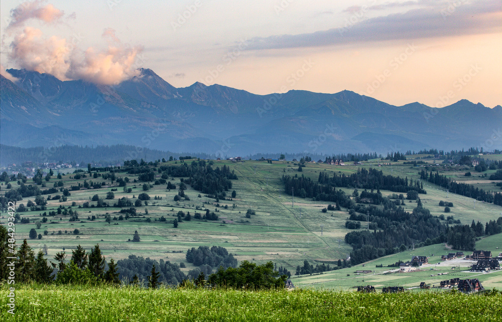 Sunset with a view of the Slovak and Polish Tatra Mountains