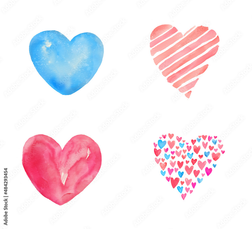 Set of hand drawn watercolor hearts isolated at white background.