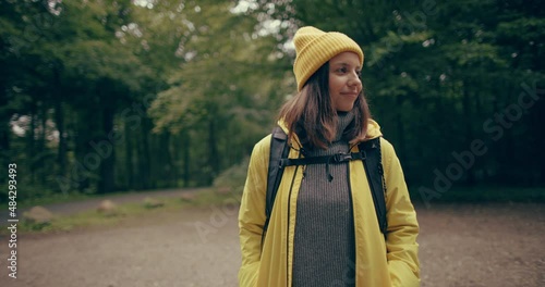 Woman whistling before a hike