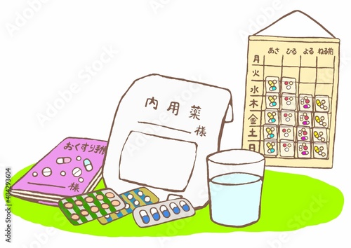 ヒートに入った抗精神病薬　お薬手帳　お薬カレンダー　コップに入った水