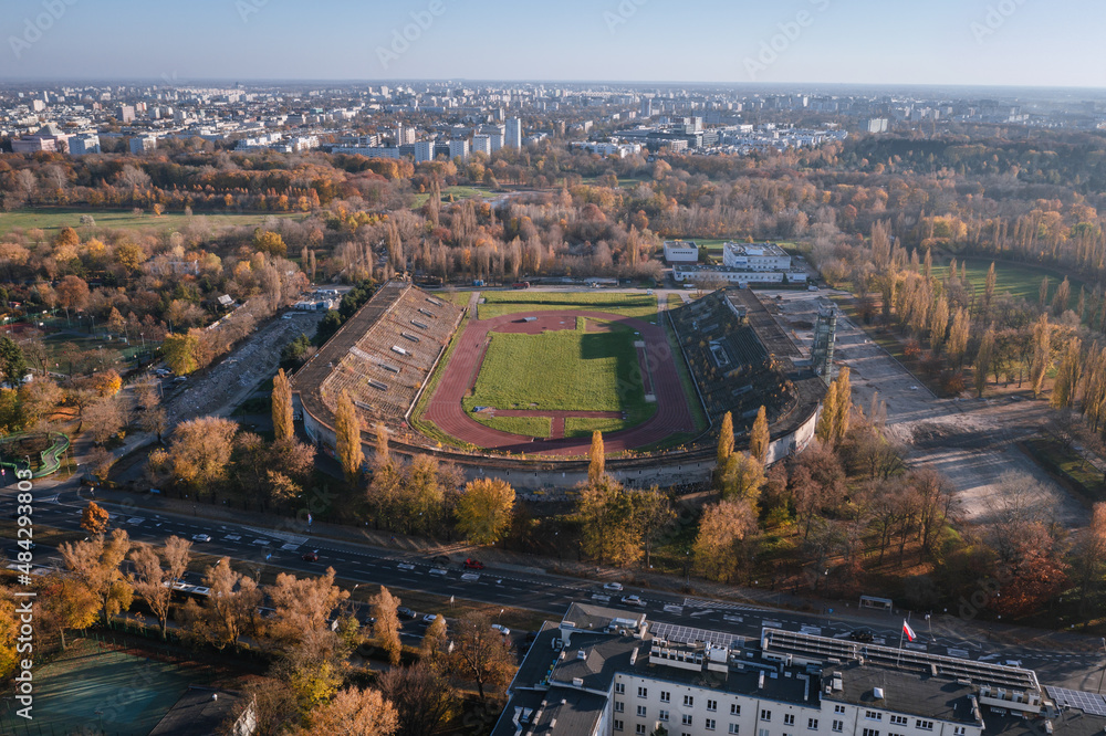 Drone photo of closed RKS Skra stadium in Warsaw city, Poland Drone photo of closed RKS Skra stadium in Warsaw city, Poland