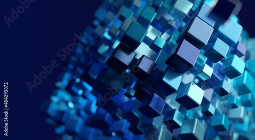 Rising momentum of data intelligence. Big data and Ai core data concept image. Dark and light metallic blue block stacked and rising. Shallow depth of field. 3D illustration, 3D rendering.