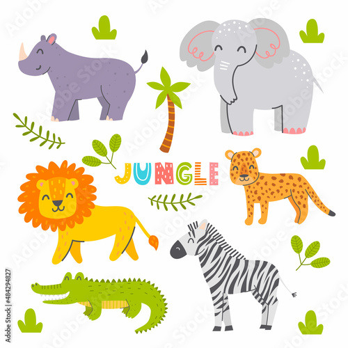 Set of cute jungle animals. Characters for kids. Vector childish illustration