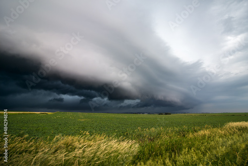 A shelf cloud approaches at the leading edge of a storm over a farm field.