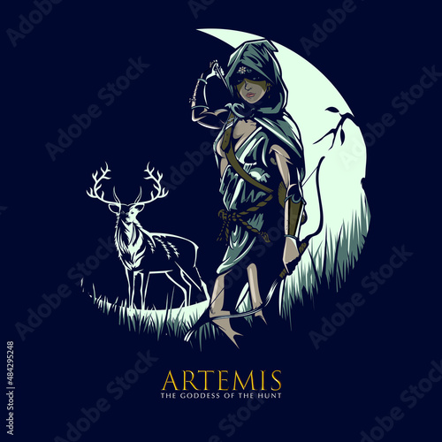 Artemis vector illustration in layers. is the Greek goddess of the hunt, the wilderness, wild animals, the Moon, and chastity. The goddess Diana is her Roman equivalent.
