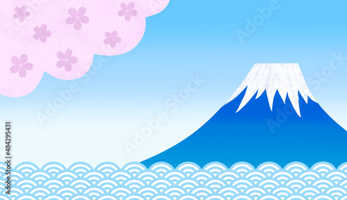 青空を背景にした富士山と青海波と桜 