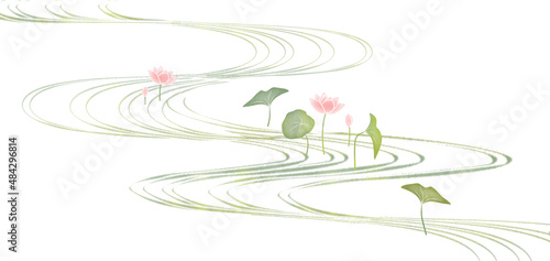 ピンクの蓮の花　流水　水辺の情景　夏　グラフィック素材