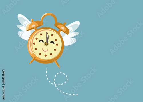 Happy Clock with Wings Flying Vector Cartoon Illustration