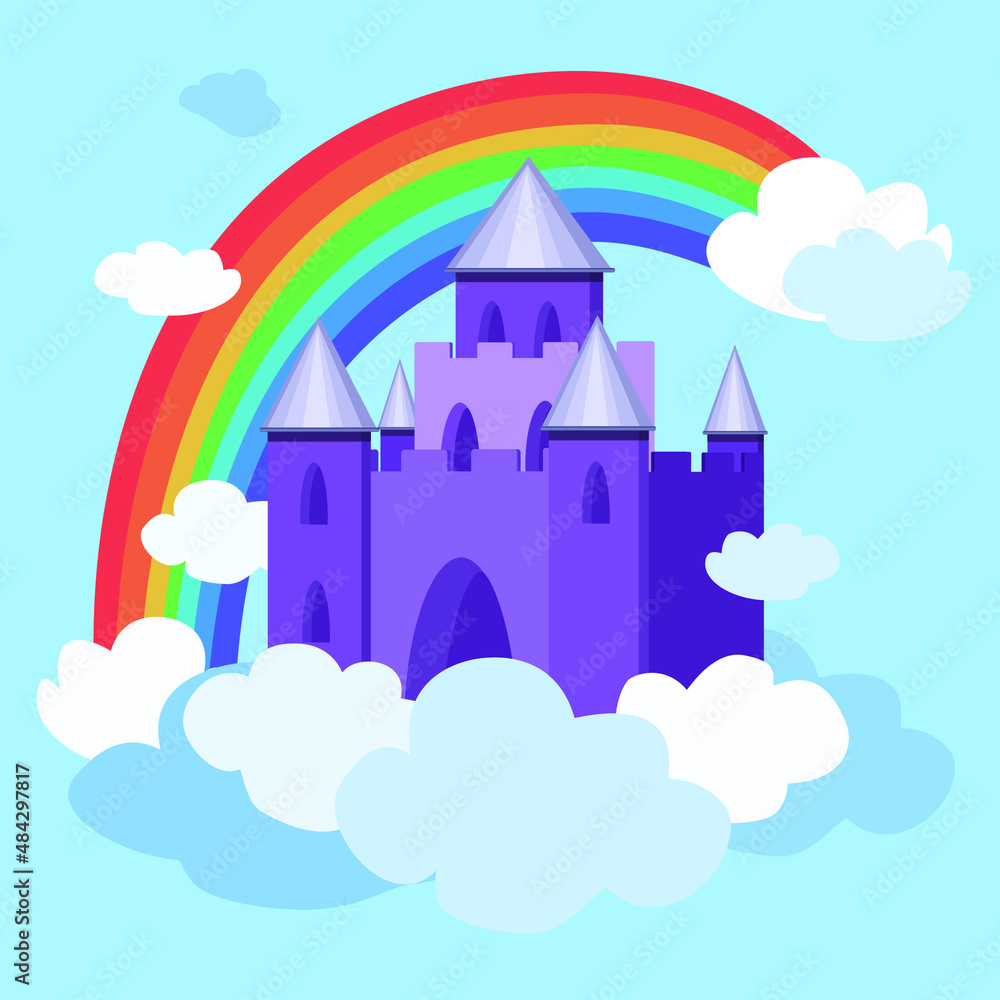 vector illustration of a fairytale castle in the clouds with a rainbow. children's illustration. fairy world 