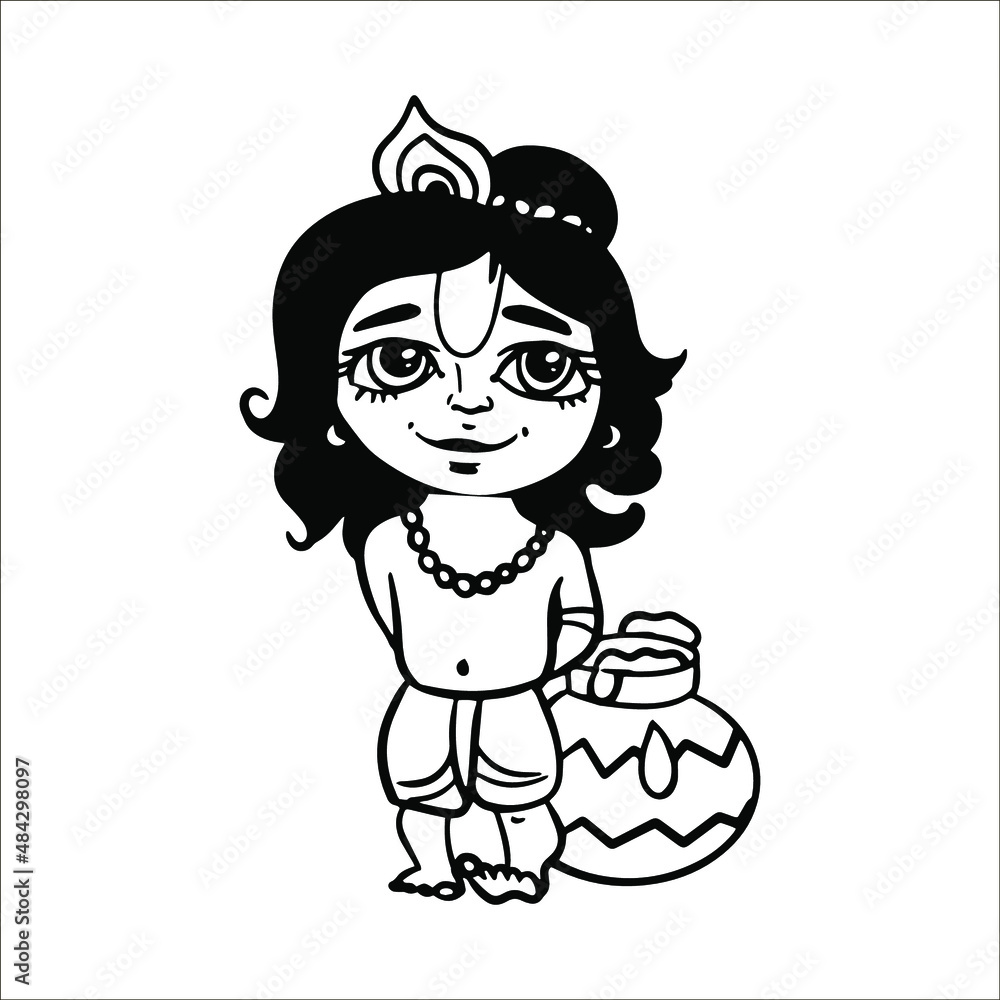 Vector illustration linear drawing doodle cute kind little Krishna Gopal with a pot of creamy yogurt. Simple stylized drawing. Children's character. Vector illustration linear drawing doodle cute kind little Krishna Gopal with a pot of creamy yogurt. Simple stylized drawing. Children's character.