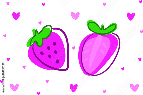 Vector illustration of a pink sweet strawberry on a white background with pink hearts. Background, wallpaper. For textile printing or wrapping paper 