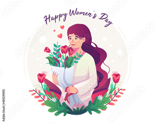 International Women's Day concept with Happy woman holding a bouquet of flowers surrounded by flowers. Flat style vector illustration