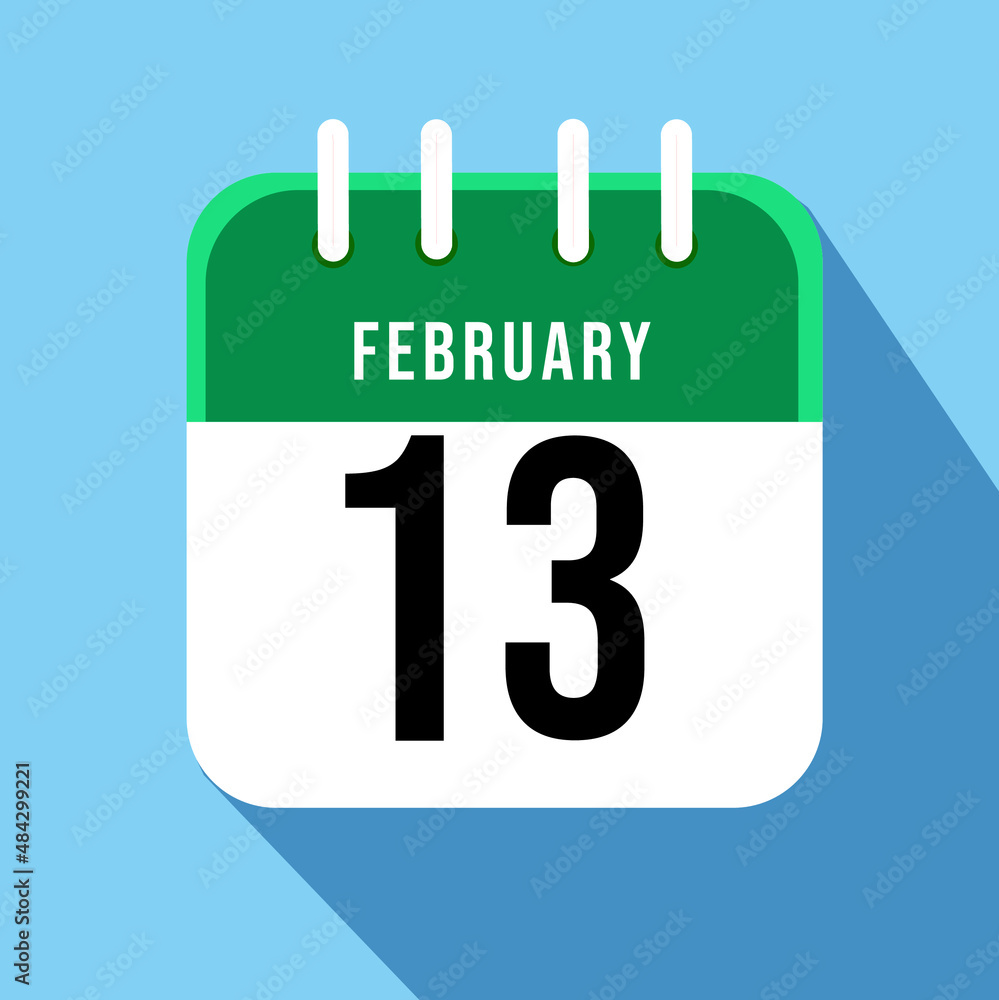 February day 13. Number thirteen on a white paper with green border on a blue background calendar sheet. Vector illustration. February day 13. Number thirteen on a white paper with green border on a blue background calendar sheet. Vector illustration.