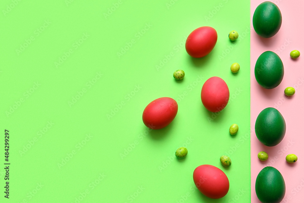 Different painted Easter eggs on color background Different painted Easter eggs on color background
