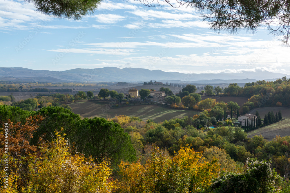 Fototapeta premium Hiking on hills of Val d'Orcia near Bagno Vignoni and view on Rocco d'Orcia, Tuscany, Italy. Tuscan landscape with cypress trees, vineyards, forests and ploughed fields in autumn.