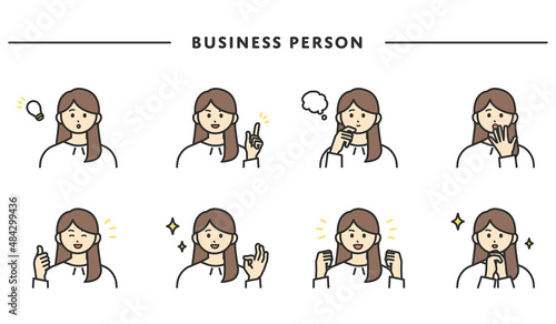 女性社員の表情とジェスチャーのイラスト素材セット