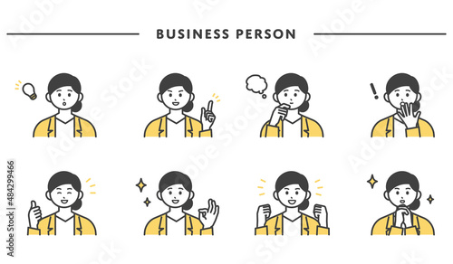 女性社員の表情とジェスチャーのイラスト素材セット