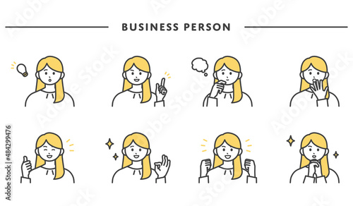 女性社員の表情とジェスチャーのイラスト素材セット