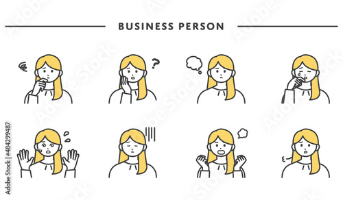 女性社員の表情とジェスチャーのイラスト素材セット