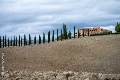 View on hills of Val d'Orcia, Tuscany, Italy. Tuscan landscape with cypress trees and ploughed fields in autumn.