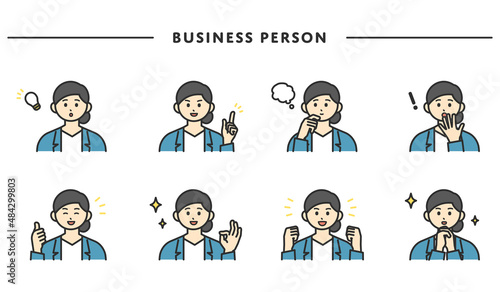 女性社員の表情とジェスチャーのイラスト素材セット