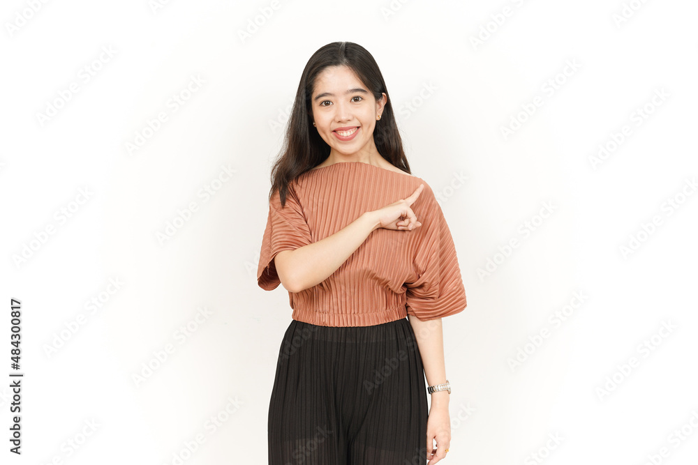 Showing Product and Pointing Side Of Beautiful Asian Woman Isolated On White Background Showing Product and Pointing Side Of Beautiful Asian Woman Isolated On White Background