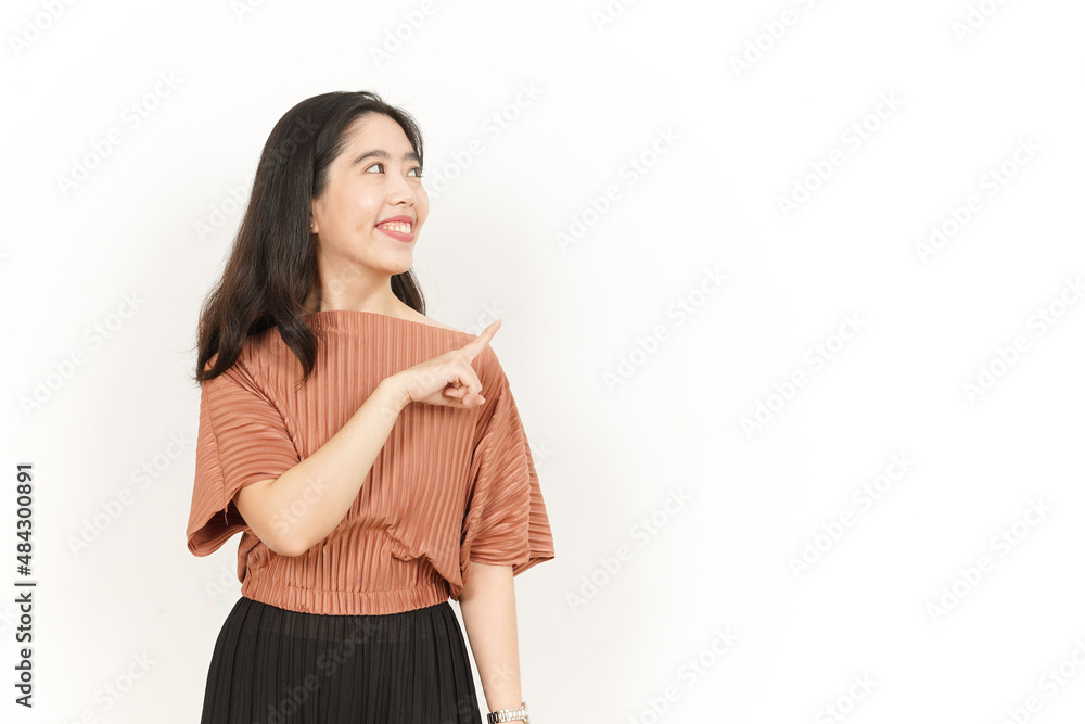 Showing Product and Pointing Side Of Beautiful Asian Woman Isolated On White Background Showing Product and Pointing Side Of Beautiful Asian Woman Isolated On White Background