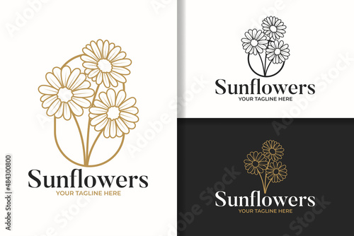 Sunflowers line art logo design template