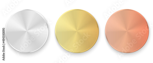 Medals logo collection. Set of shiny round awards in gold, silver and bronze metallic colors. Luxury frames, decoration emblems. Isolated abstract graphic design template