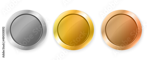 Medals logo collection. Set of shiny round awards in gold, silver and bronze metallic colors. Luxury frames, decoration emblems. Isolated abstract graphic design template