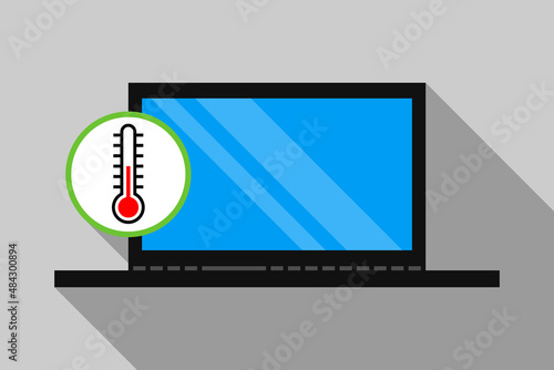Open laptop and thermometer icon inside round sign