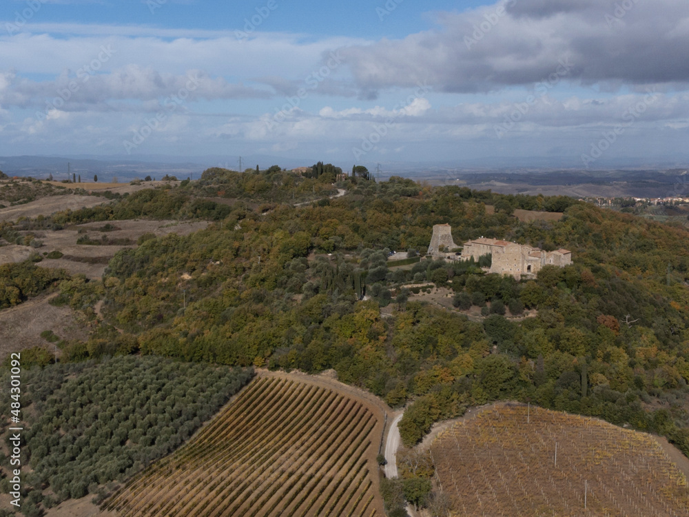 Aerial panoramic view on hills of Val d'Orcia near Bagno Vignoni, Tuscany, Italy. Tuscan landscape with cypress trees, vineyards, forests and ploughed fields in autumn.