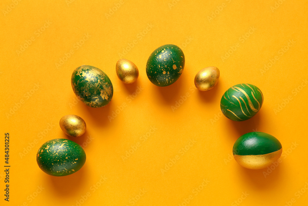 Stylish Easter eggs on yellow background Stylish Easter eggs on yellow background