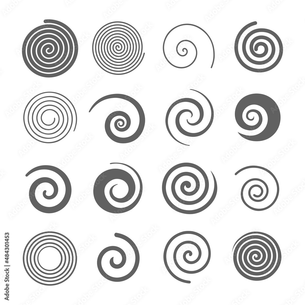 Set of simple spirals. Swirl motion twisting circles design element set isolated vector icons