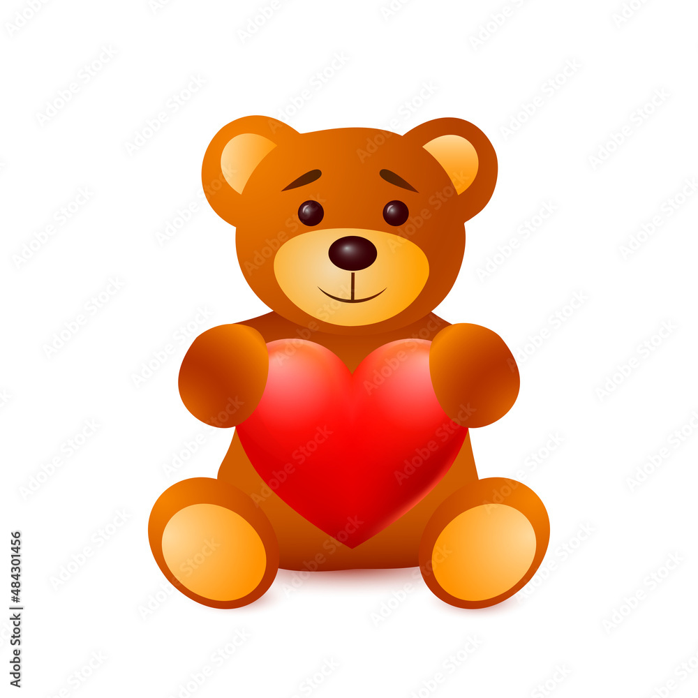 Obraz premium Teddy bear holding heart. Valentine's Day drawing. Vector illustration isolated on white background