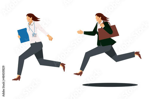 急ぐ、走る2種のアジア人モンゴロイド女性のビジネスマン。会社員のアバター、イラストセット白背景 © globeds
