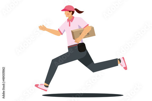 急ぐ、走るアジア人モンゴロイド女性デリバリー段ボールを持つ配達員のアバター　白背景切り抜き