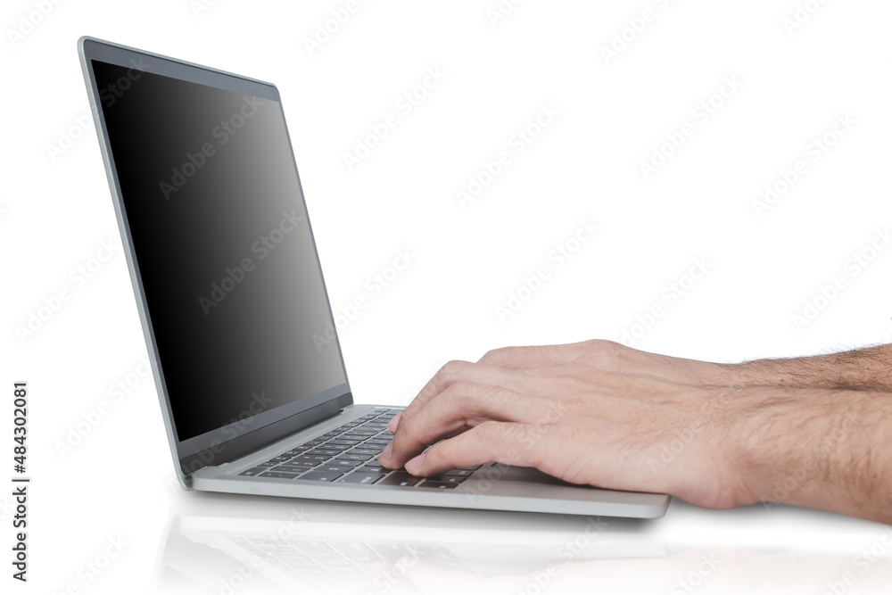 Man hands writing on laptop, isolated on white Man hands writing on laptop, isolated on white