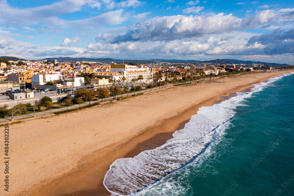 Aerial photo of Mediterranean coast in Malgrat de Mar, Catalonia, Spain.