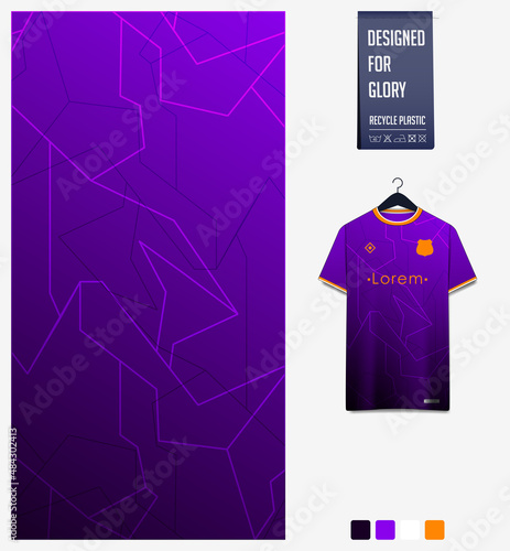 Soccer jersey pattern design. Mosaic pattern on violet background for soccer kit, football kit or sports uniform. T-shirt mockup template. Fabric pattern. Abstract background. 