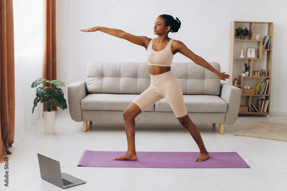 Domestic Workout. Young Sporty Black Woman Doing Plank Exercise At Home, Training In Living Room Domestic Workout. Young Sporty Black Woman Doing Plank Exercise At Home, Training In Living Room
