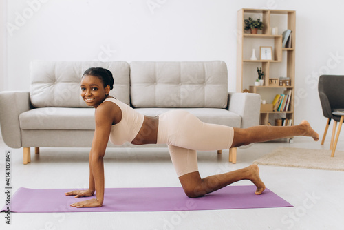 Domestic Workout. Young Sporty Black Woman Doing Plank Exercise At Home, Training In Living Room