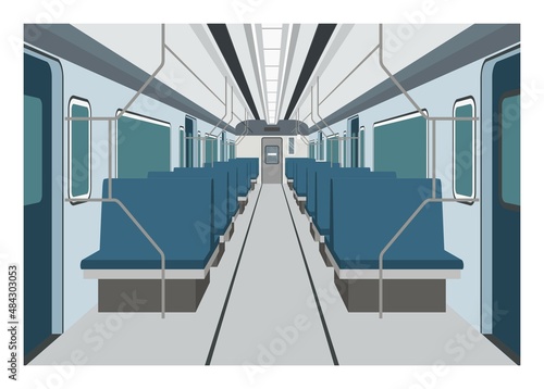 Commuter train interior in perspective view. Simple flat illustration. 