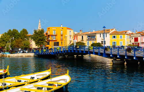Old harbor of Martigues with bridges and boats. Provence, South France